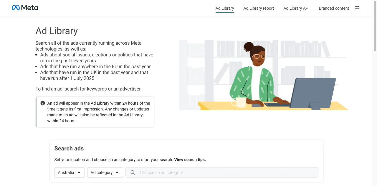 Meta's Ad Library search screen with the country and ad category filters visible, captured on 23 September 2026