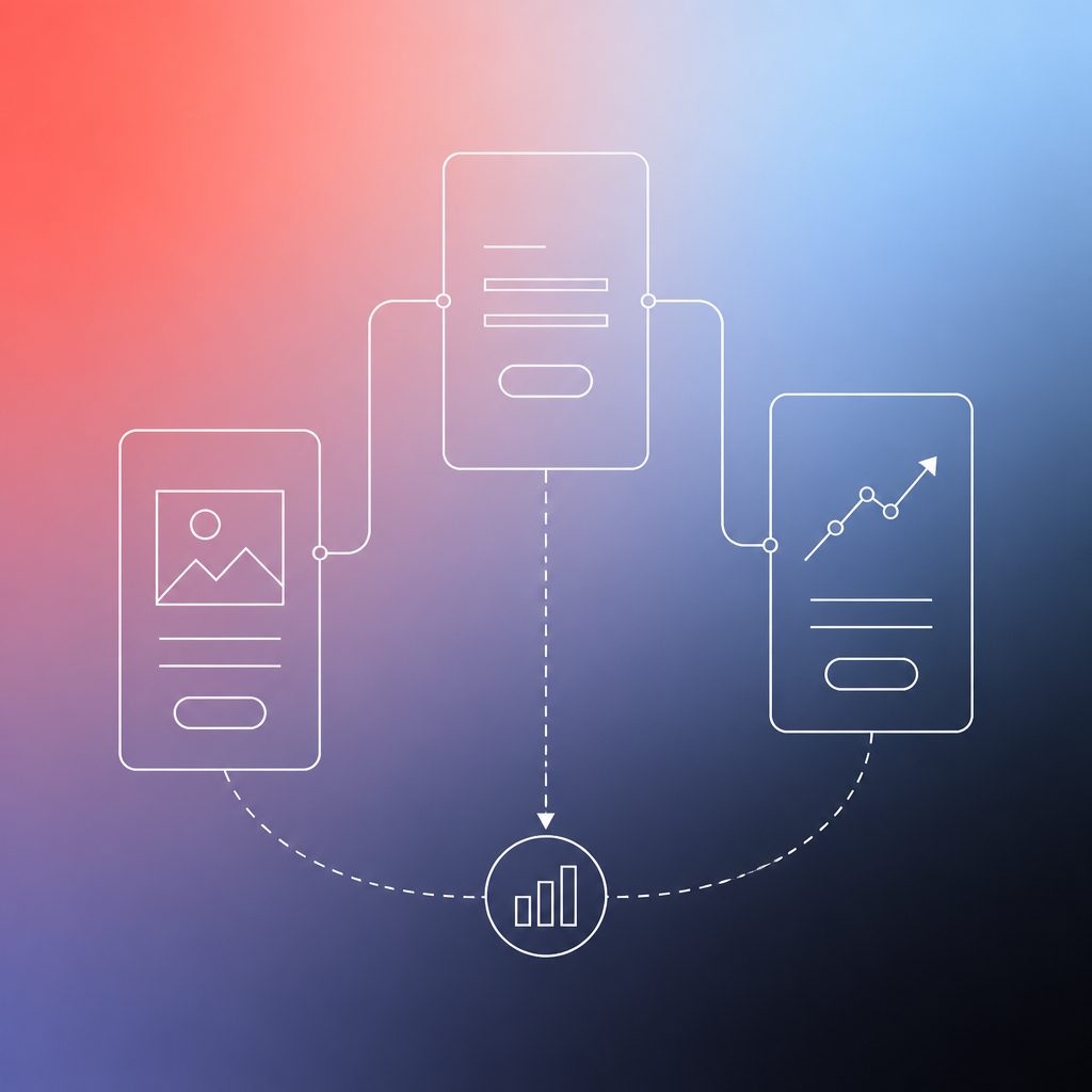 AI creative testing pipeline showing ad variations flowing from generation through A/B testing to performance data on Meta and Google platforms