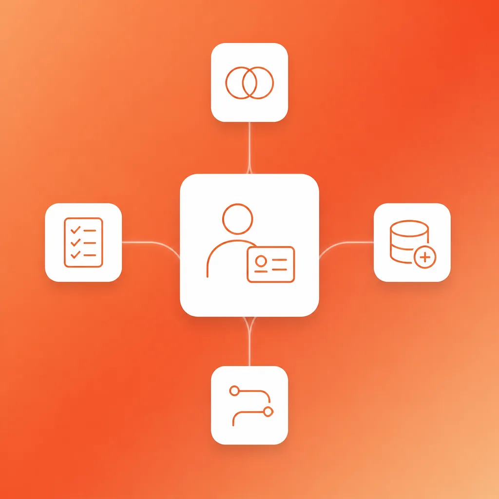 Automated CRM data hygiene workflow with dedupe, enrichment, routing and review nodes around a central CRM card
