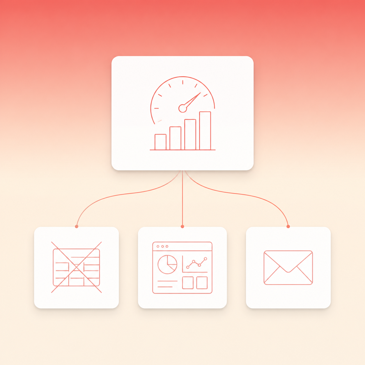 Marketing dashboard illustration showing a single card at top and three smaller cards fanning below, connected by curved lines, on a coral gradient background