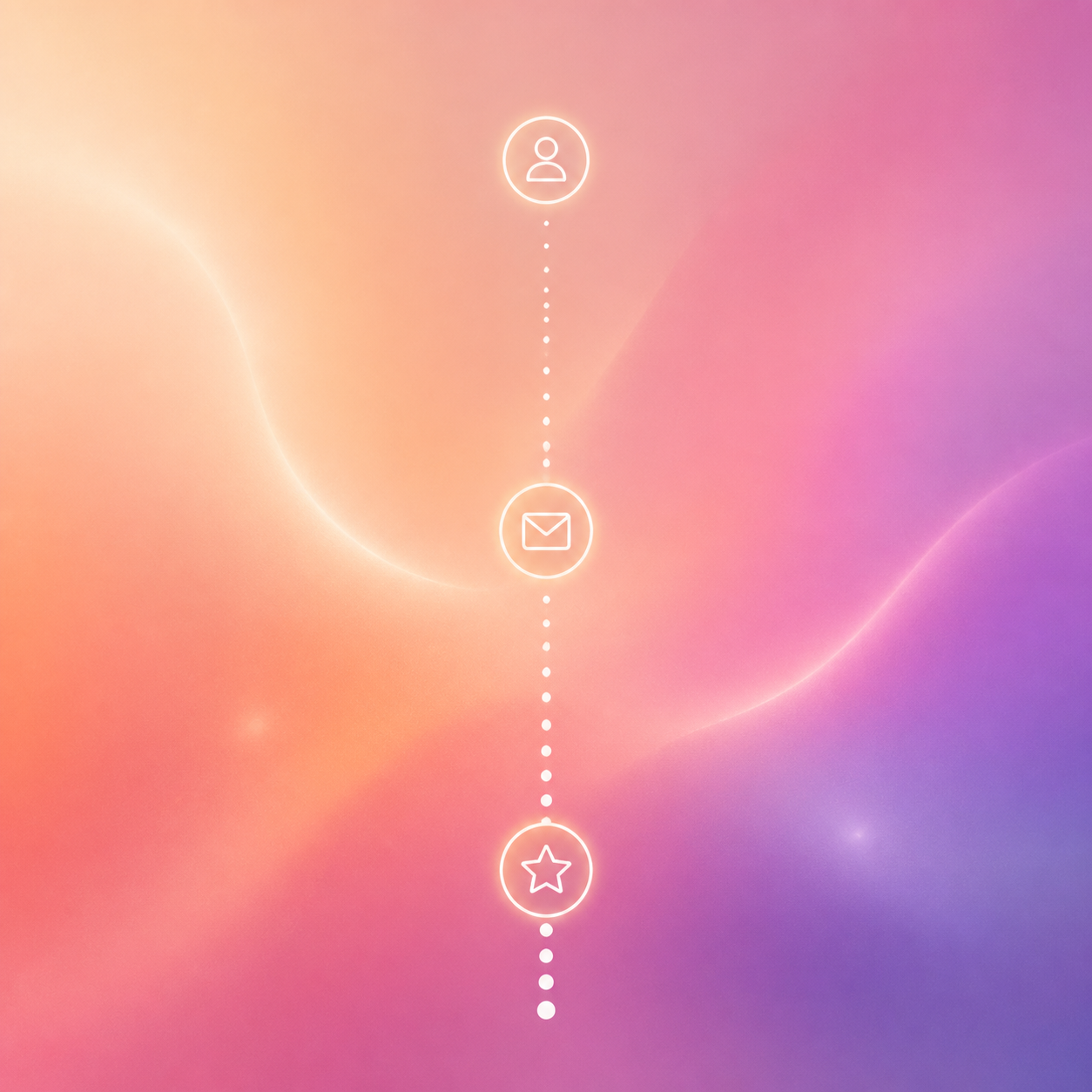 Email nurture timeline for trial-to-paid conversion showing abstract nodes connected by a dotted vertical line on a soft multi-colour gradient background